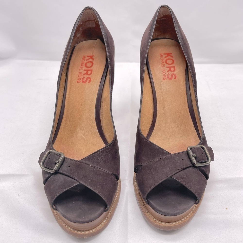 Kors Michael Kors Suede Buckle Open Toe Platform Pump Size 9M - Picture 2 of 10